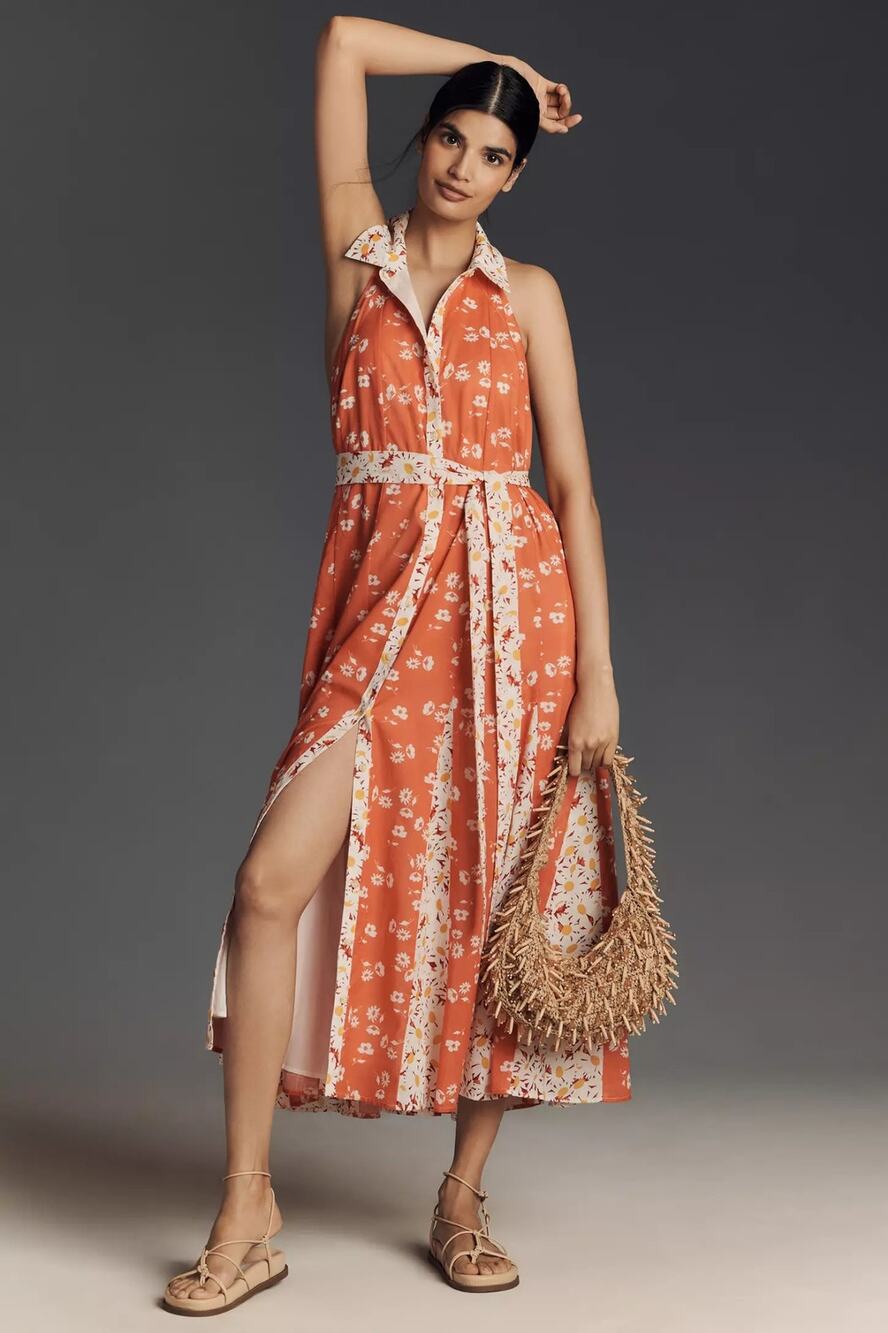 NWT ANTHROPOLOGIE Maeve Halter Open-Back Godet Midi Shirt Dress $188 PLUS 1X